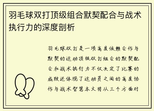 羽毛球双打顶级组合默契配合与战术执行力的深度剖析
